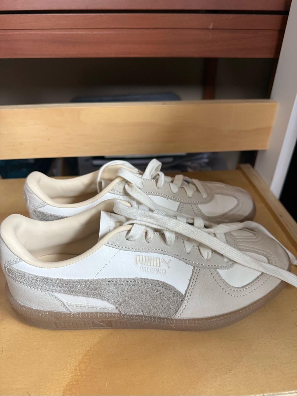 Puma Palermo Cream and Beige Suede-Trim Sneakers